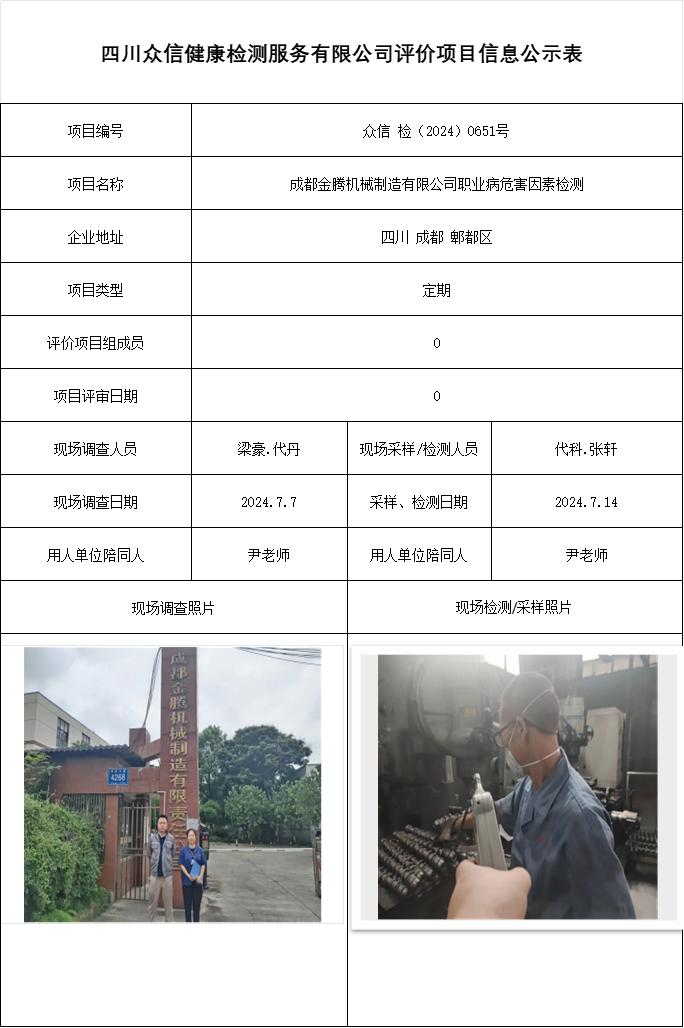 成都金腾机械制造有限公司职业病危害因素检测
