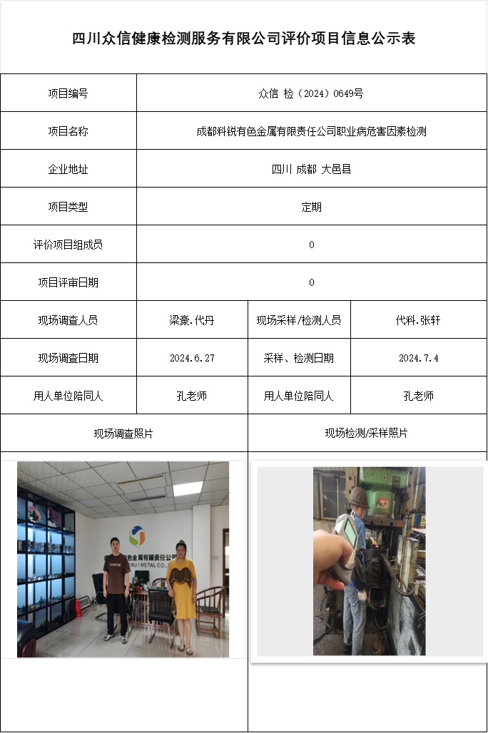 成都科锐有色金属有限责任公司职业病危害因素检测