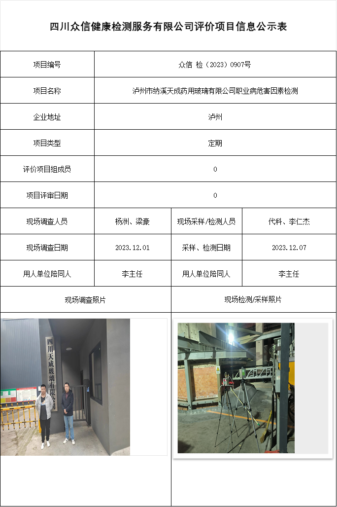 泸州市纳溪天成药用玻璃有限公司职业病危害因素检测