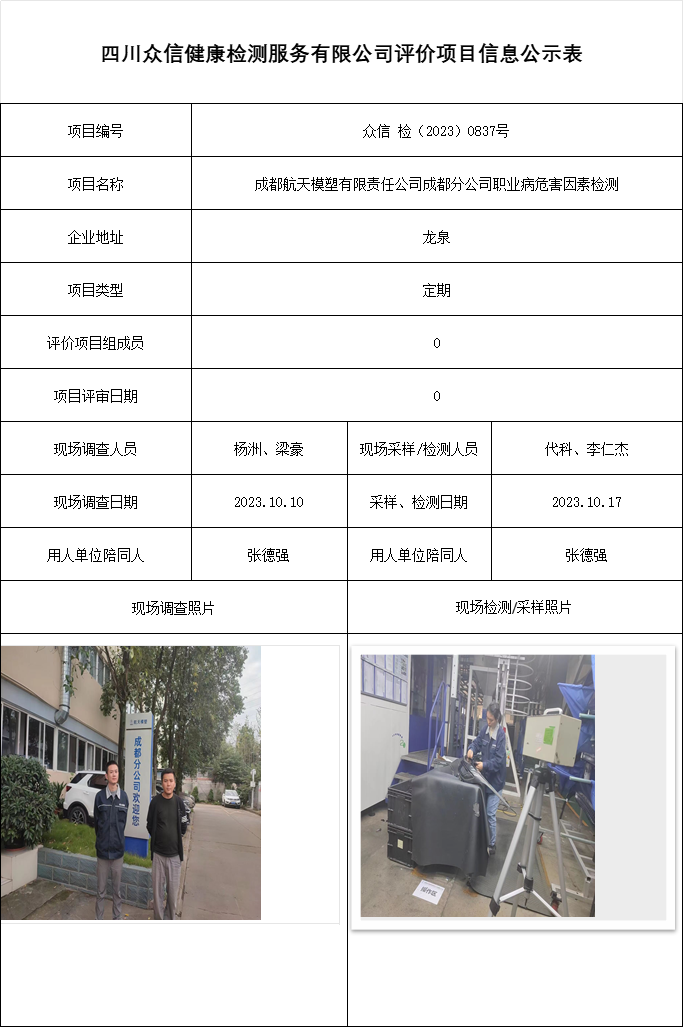 成都航天模塑有限责任公司成都分公司职业病危害因素检测