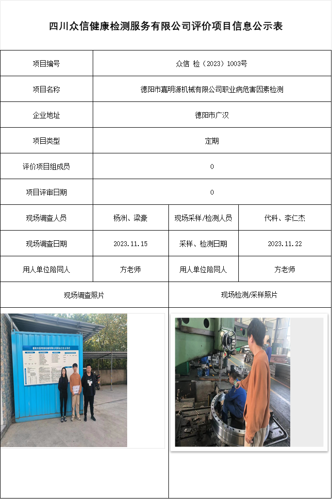 德阳市嘉明源机械有限公司职业病危害因素检测