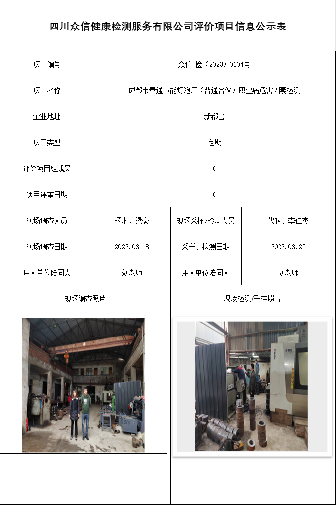 成都市春通节能灯泡厂（普通合伙）职业病危害因素检测