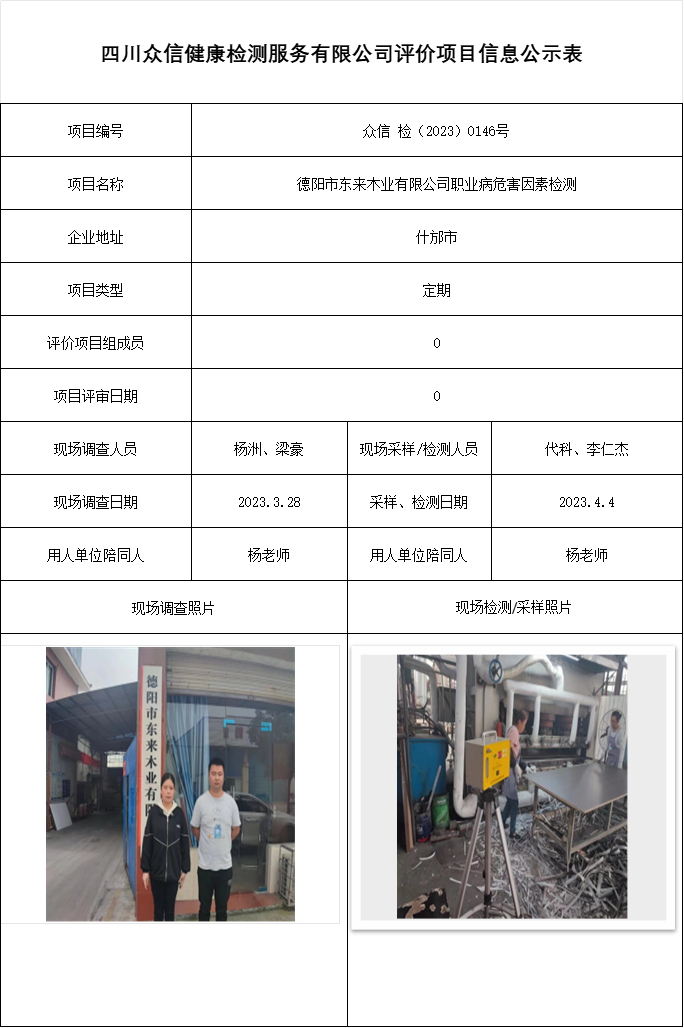 德阳市东来木业有限公司职业病危害因素检测