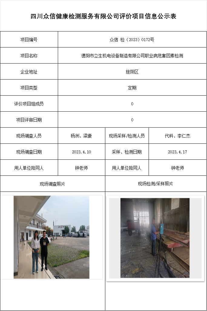 德阳市立生机电设备制造有限公司职业病危害因素检测