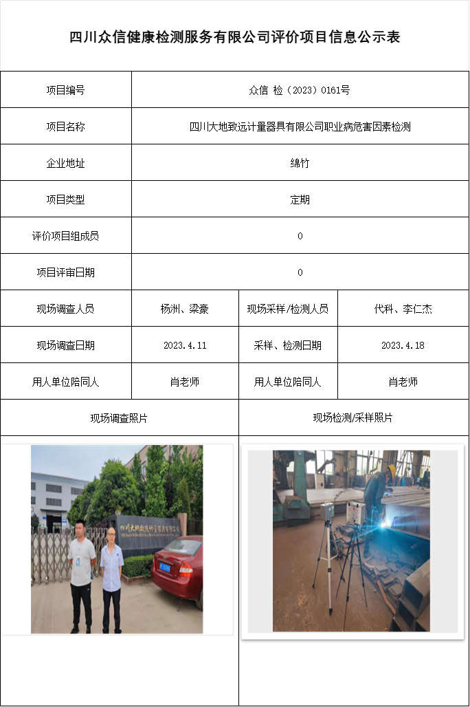 四川大地致远计量器具有限公司职业病危害因素检测
