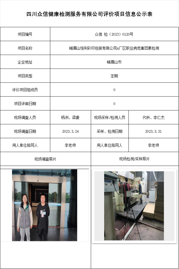 峨眉山恒利彩印包装有限公司A厂区职业病危害因素检测
