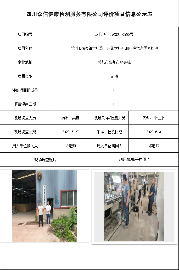 彭州市丽春镇世纪鼎丰装饰材料厂职业病危害因素检测