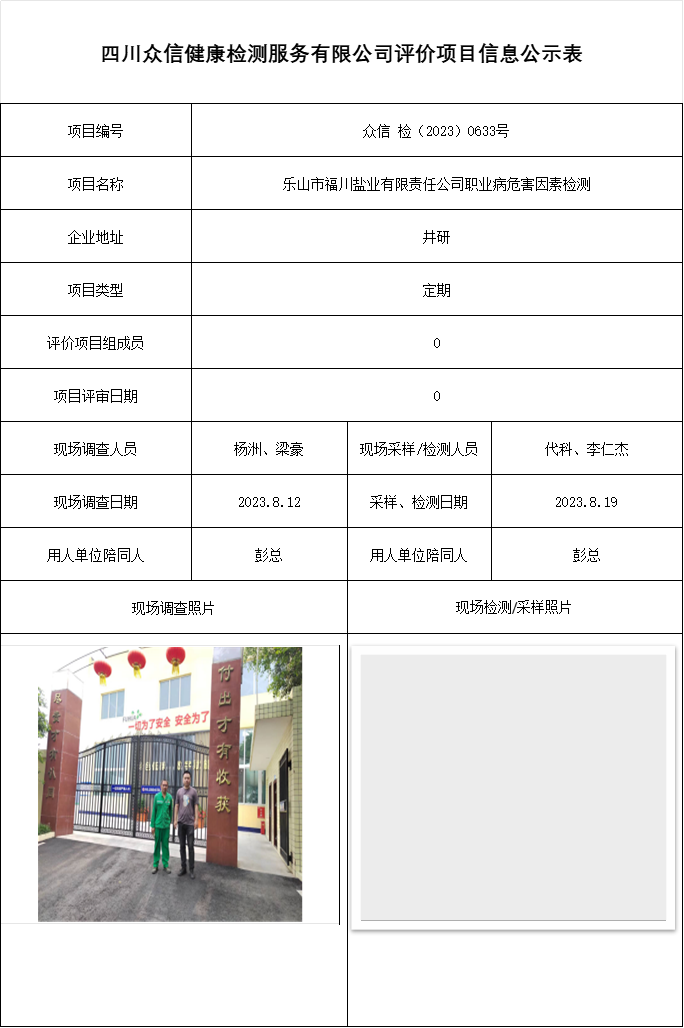 乐山市福川盐业有限责任公司职业病危害因素检测