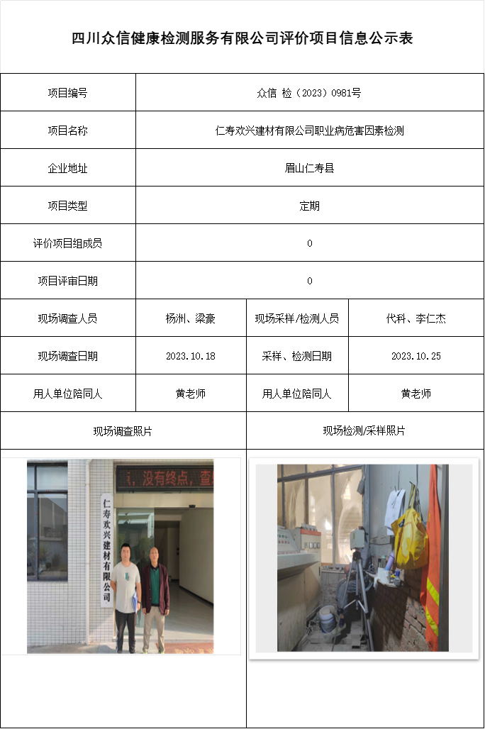 仁寿欢兴建材有限公司职业病危害因素检测