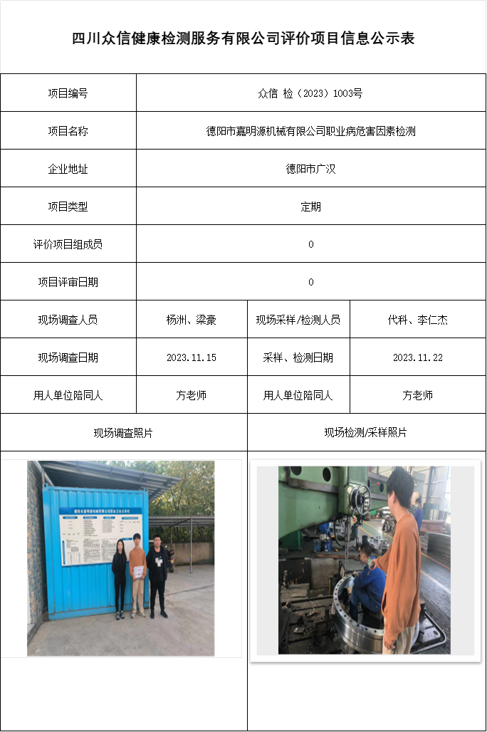 德阳市嘉明源机械有限公司职业病危害因素检测