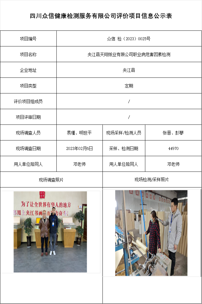 夹江县天翔纸业有限公司职业病危害因素检测