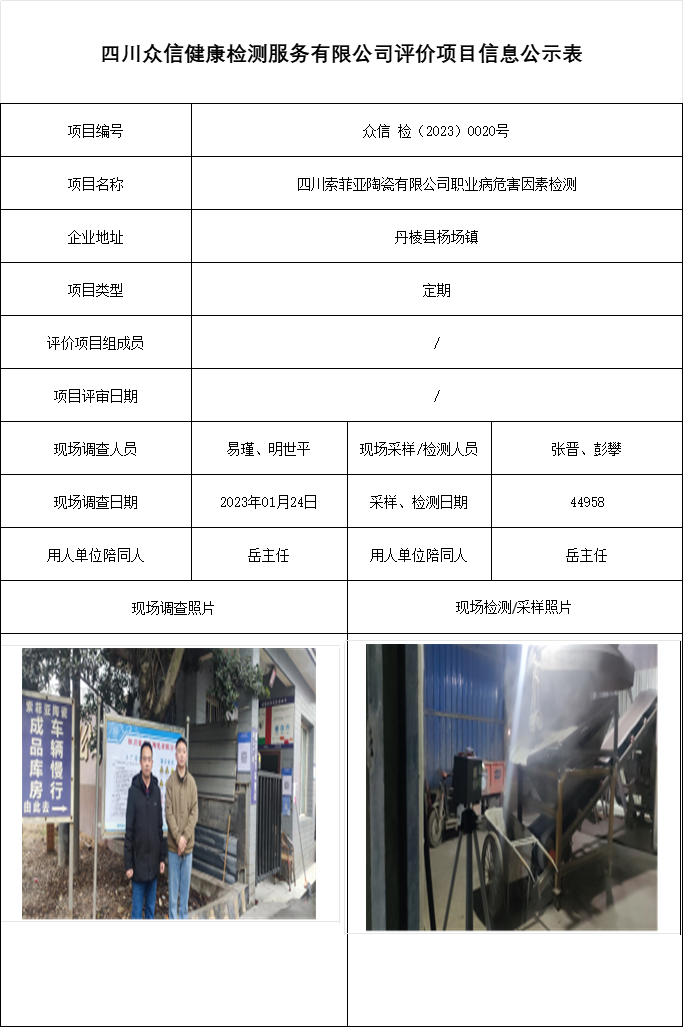 四川索菲亚陶瓷有限公司职业病危害因素检测