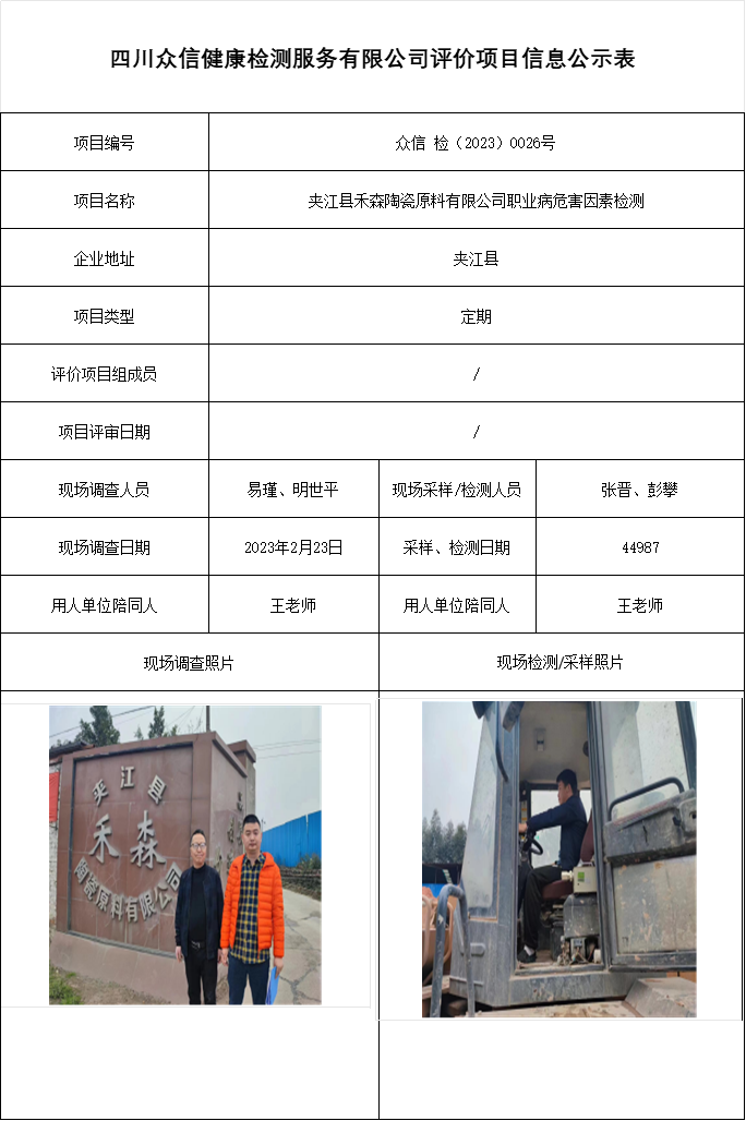 夹江县禾森陶瓷原料有限公司职业病危害因素检测