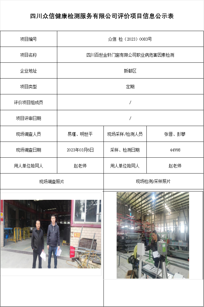 四川百世金轩门窗有限公司职业病危害因素检测