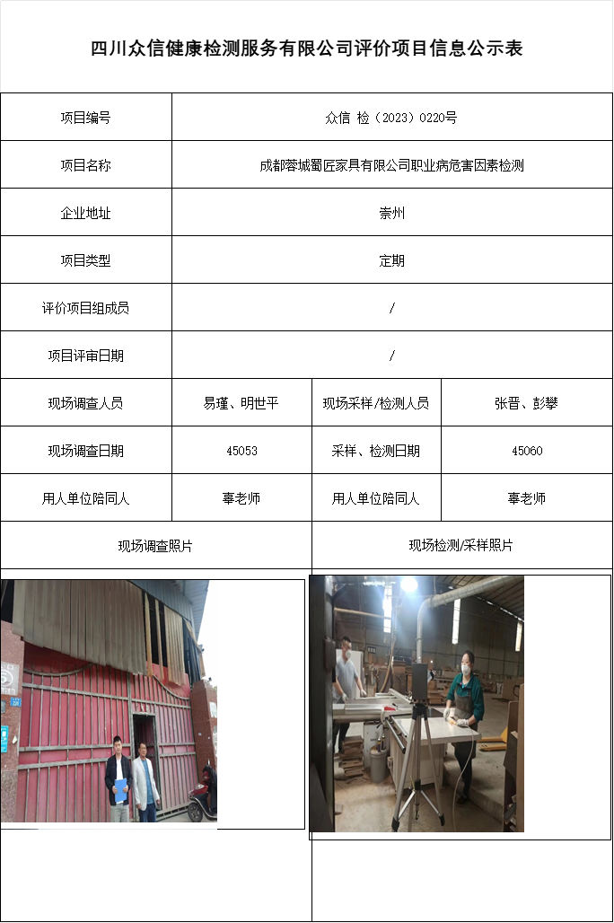 成都蓉城蜀匠家具有限公司职业病危害因素检测