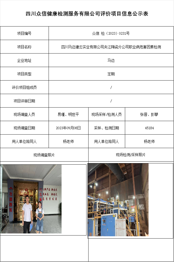 四川马边建云实业有限公司夹江陶瓷分公司职业病危害因素检测