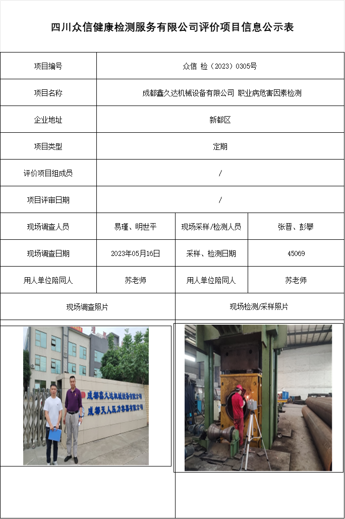 成都鑫久达机械设备有限公司 职业病危害因素检测