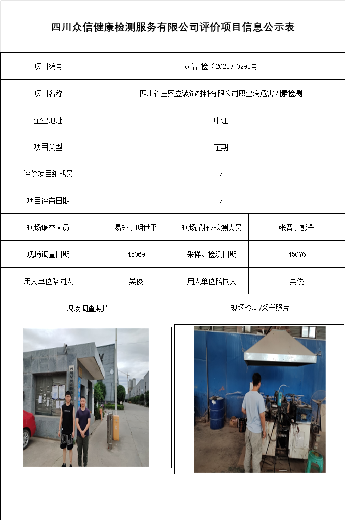 四川省星奥立装饰材料有限公司职业病危害因素检测