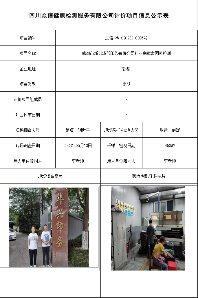 成都市新都华兴印务有限公司职业病危害因素检测