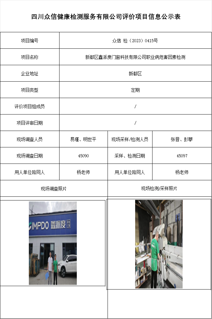 新都区鑫派度门窗科技有限公司职业病危害因素检测