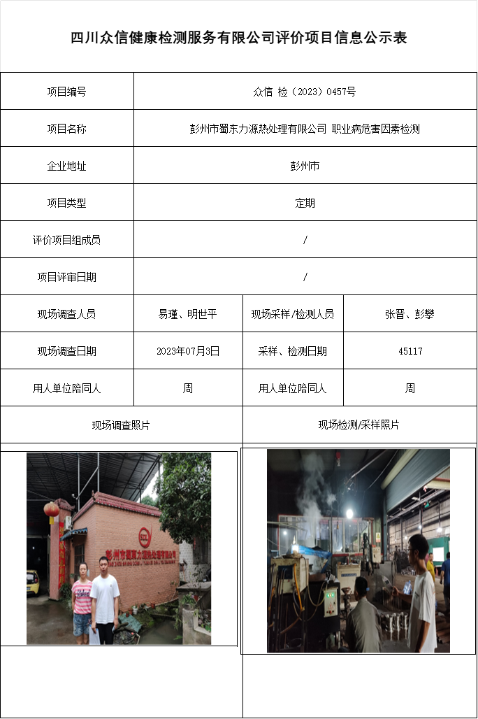 彭州市蜀东力源热处理有限公司 职业病危害因素检测