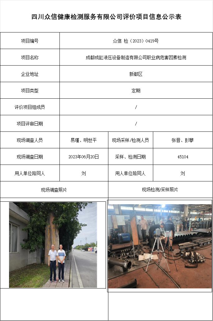 成都成缸液压设备制造有限公司职业病危害因素检测