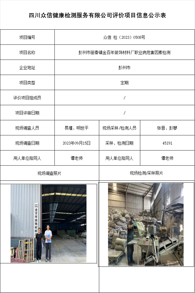 彭州市丽春镇金百年装饰材料厂职业病危害因素检测