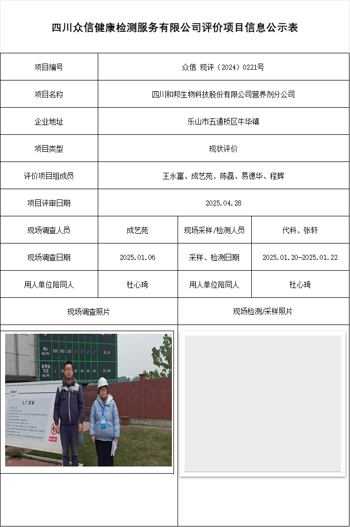四川和邦生物科技股份有限公司营养剂分公司现状评价