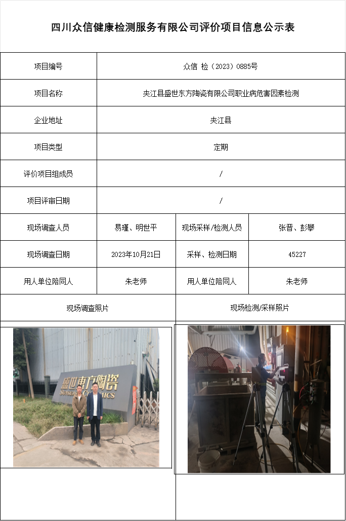夹江县盛世东方陶瓷有限公司职业病危害因素检测
