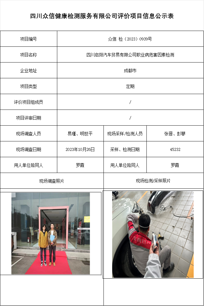 四川启阳汽车贸易有限公司职业病危害因素检测