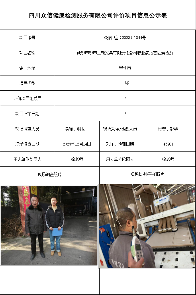 成都市都市王朝家具有限责任公司职业病危害因素检测