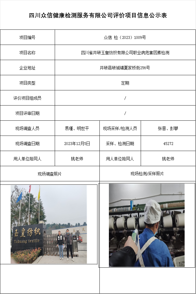 四川省井研玉皇纺织有限公司职业病危害因素检测