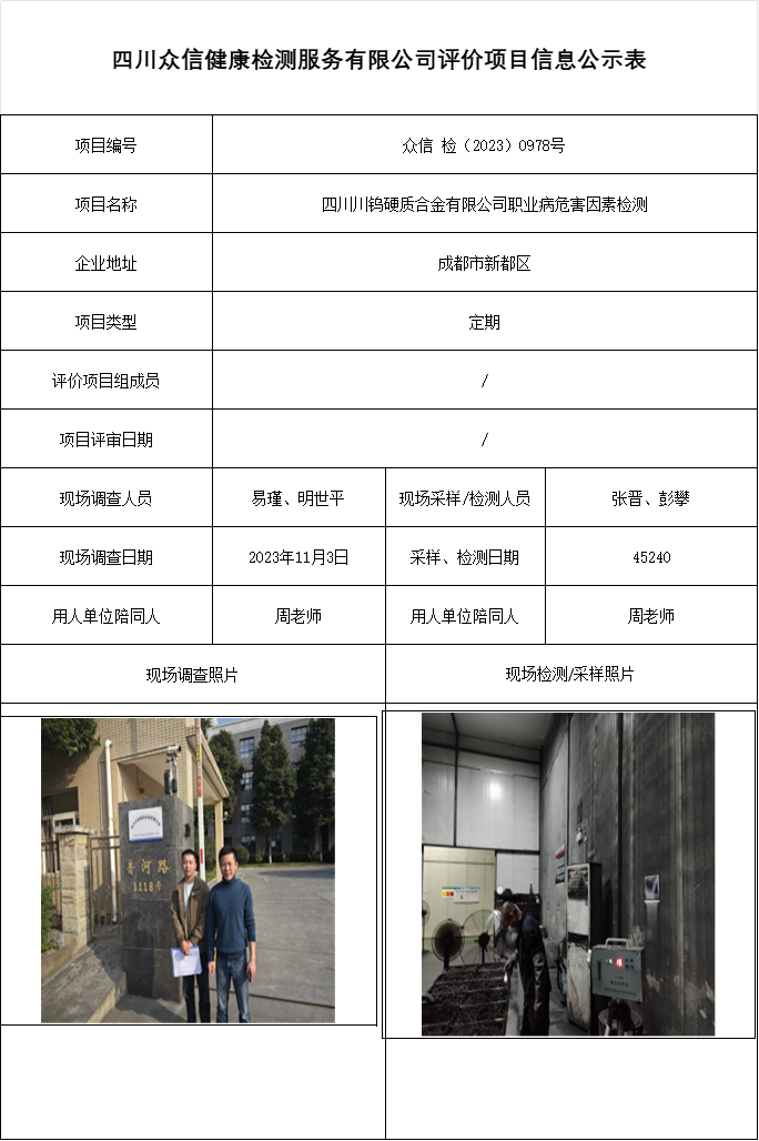 四川川钨硬质合金有限公司职业病危害因素检测