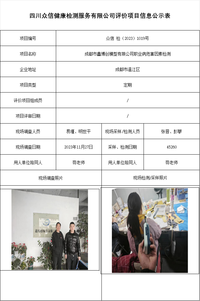 成都市鑫博创模型有限公司职业病危害因素检测