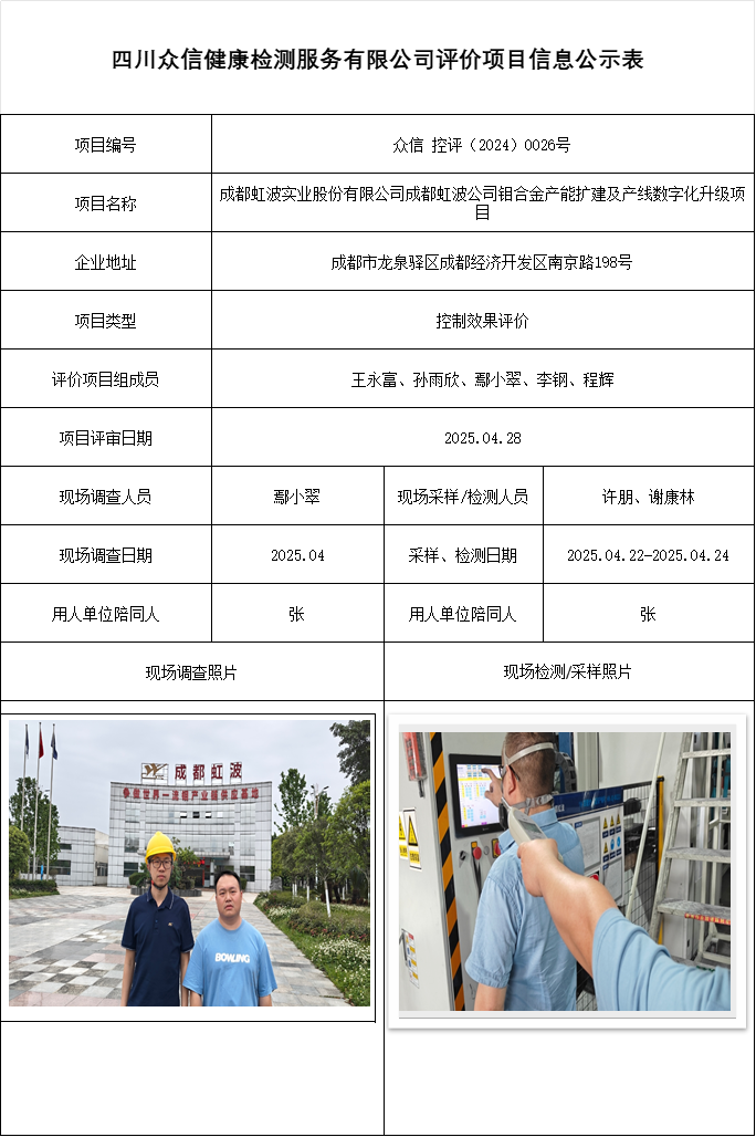 成都虹波实业股份有限公司成都虹波公司钼合金产能扩建及产线数字化升级项目控评