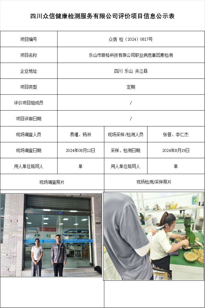 乐山市致格科技有限公司职业病危害因素检测