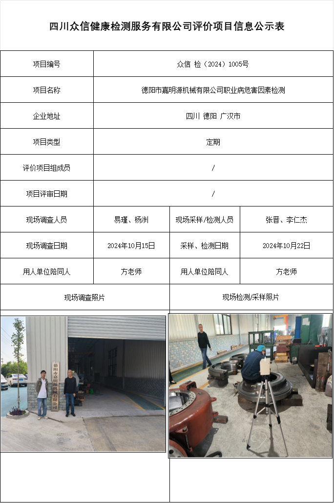 德阳市嘉明源机械有限公司职业病危害因素检测