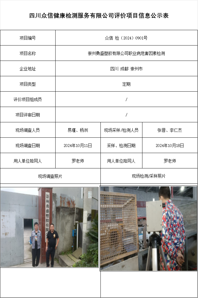 崇州勇盛塑胶有限公司职业病危害因素检测