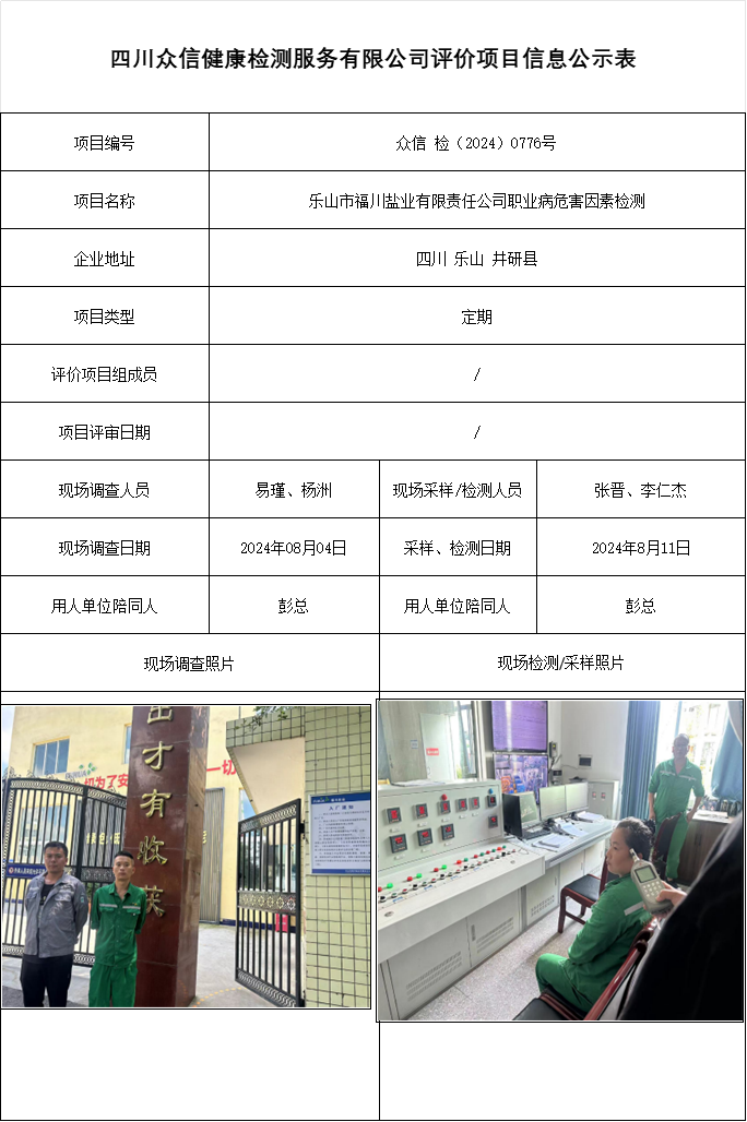 乐山市福川盐业有限责任公司职业病危害因素检测