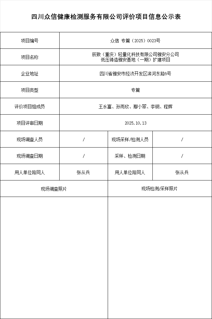 辰致（重庆）轻量化科技有限公司雅安分公司 低压铸造雅安基地（一期）扩建项目专篇