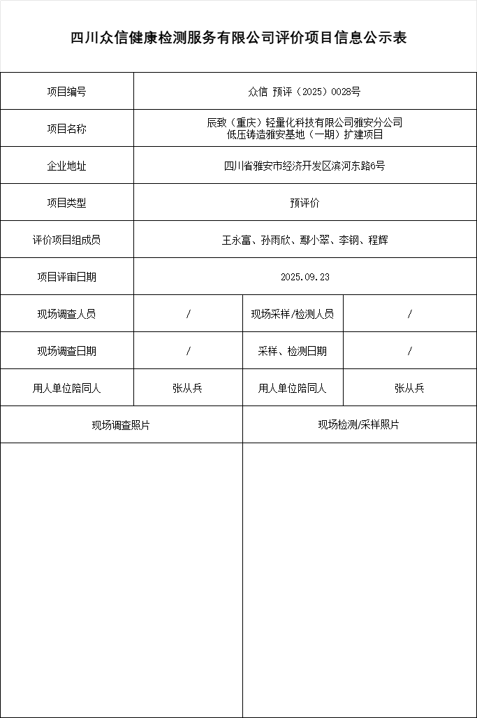 辰致（重庆）轻量化科技有限公司雅安分公司 低压铸造雅安基地（一期）扩建项目预评价