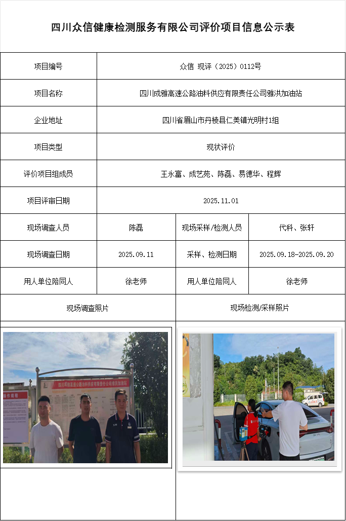 四川成雅高速公路油料供应有限责任公司雅洪加油站现状评价